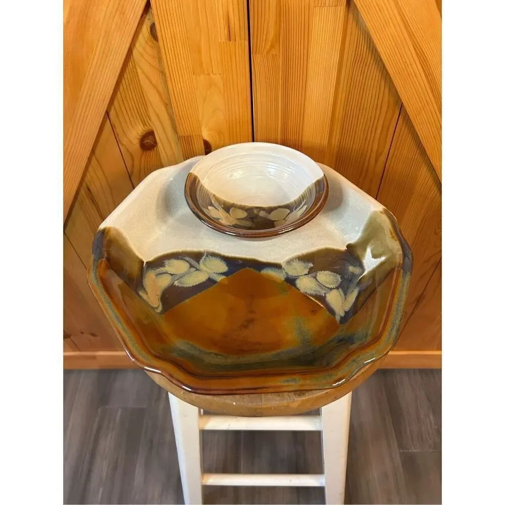Carol Commins Ceramic Glazed Earthtones 6-Sided chip n dip set pottery(8234)